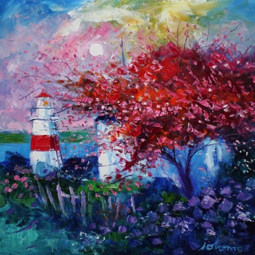 Spring blossoms at the wee lighthouse Crinan 24x24